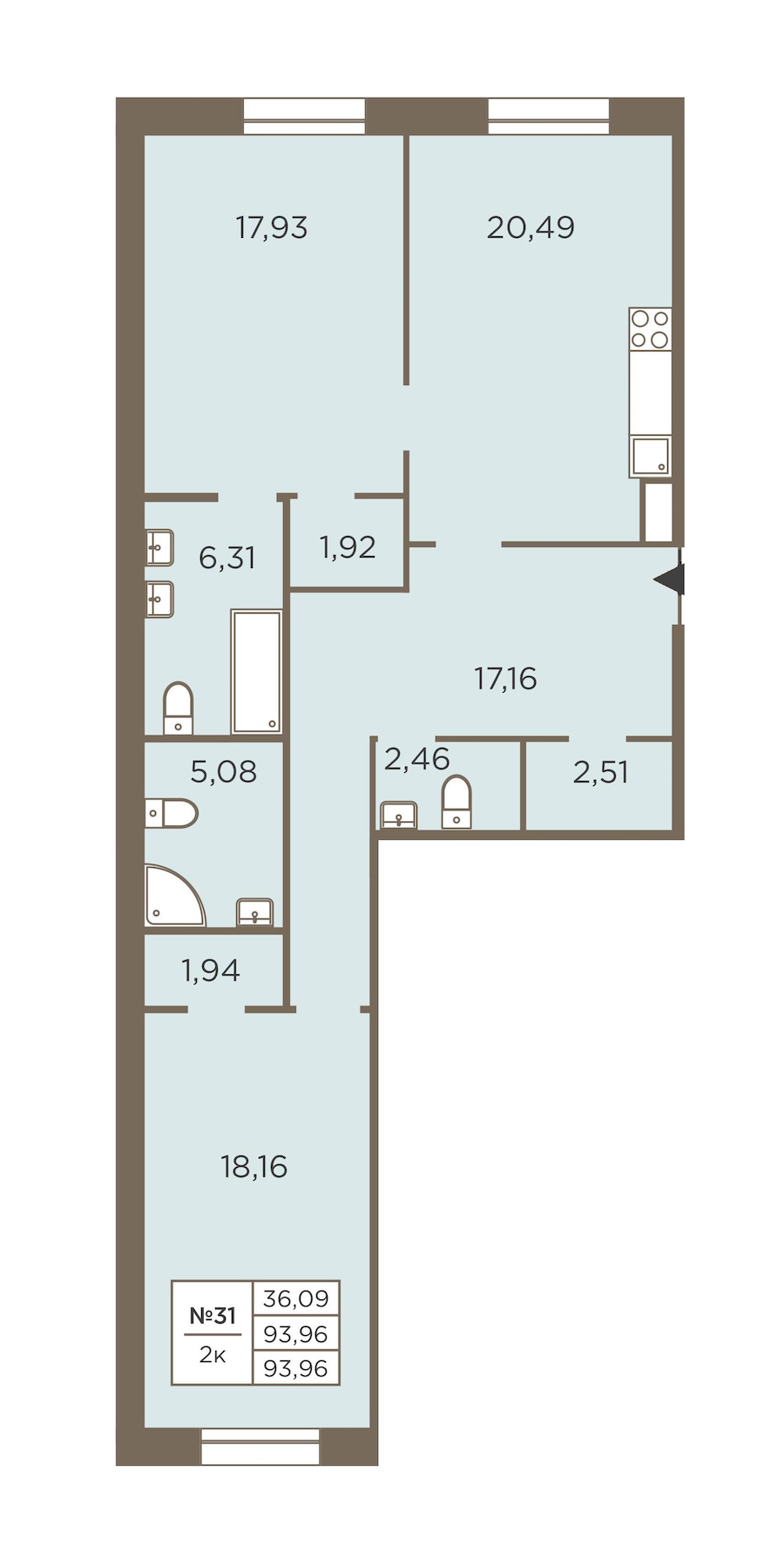 2-комнатная квартира 93.96 м², 2/7 эт., ЖК «Северная Корона»